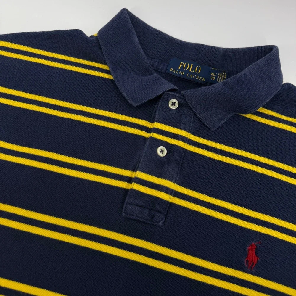 Polo Ralph Lauren Polo Shirt Mens XL Navy Blue Yellow Striped Short Sleeve Pony